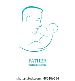 Vector Illustration Sketch Father With A Small Baby. Logo Dad And Newborn Baby On An Isolated White Background. Doodle Hand-drawn Line Drawing. Man Holding Infant. Side View Of The Profile.