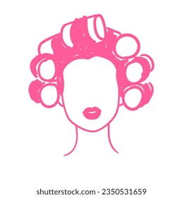 Vector illustration sketch of female portrait with curlers in pink color