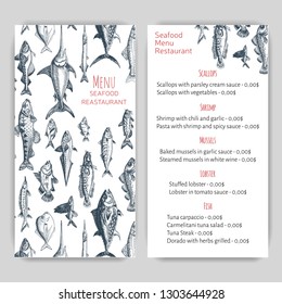Vector illustration sketch - fish market.
Card menu seafood. Vintage design template, banner.