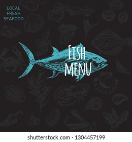 Vector illustration sketch - fish market.
Card menu seafood. Vintage design template, banner.