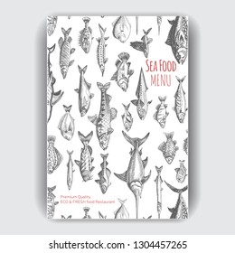 Vector illustration sketch - fish market.
Card menu seafood. Vintage design template, banner.