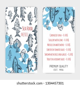 Vector illustration sketch - fish market.
Card menu seafood. Vintage design template, banner.