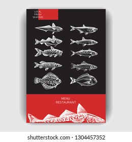 Vector illustration sketch - fish market.
Card menu seafood. Vintage design template, banner.