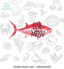 Vector illustration sketch - fish market.
Card menu seafood. Vintage design template, banner.