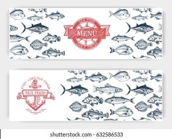 Vector Illustration Sketch - Fish Market
Card Menu Seafood. Vintage Design Template, Banner.