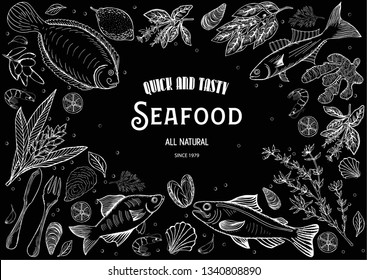 Vector illustration sketch - fish marketCard menu seafood. vintage design template, banner.