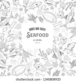 Vector illustration sketch - fish marketCard menu seafood. vintage design template, banner.