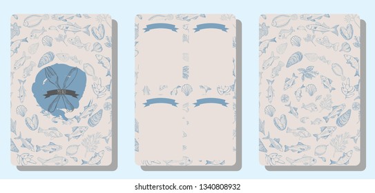 Vector illustration sketch - fish marketCard menu seafood. vintage design template, banner.