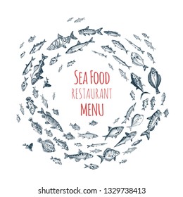 Vector illustration sketch - fish pattern. Seafood restaurant card.