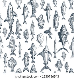 Vector illustration sketch - fish pattern. Seafood restaurant card.