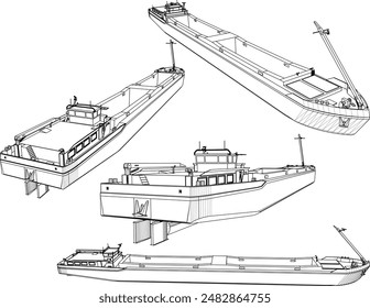 Esbozo de Ilustración vectorial de la prospección de peces Diseño de barcos contenedores dibujo para la industria Grande