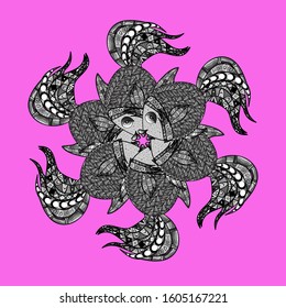 Vector illustration. Sketch. Fishes on black, pink and gray. Cute fish. Handdrawn. Kids background.