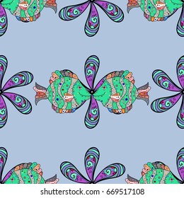 Vector illustration. Sketch - fishes pattern. Tropical fish, sea fish, aquarium fish on blue background.