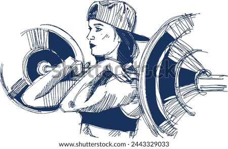 vector illustration sketch the fit weight lifter woman with barbell in hands 