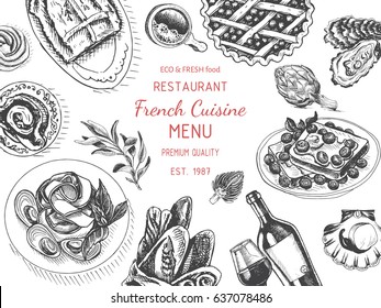 Vector illustration sketch - french cuisine.
Card Menu brunch. vintage design template, banner.