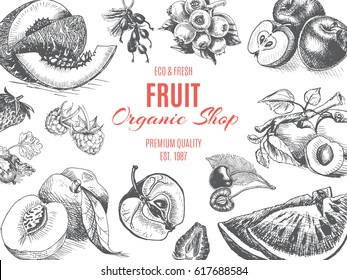 Vector illustration sketch - fruit.
Card Menu organic shop. vintage design template, banner.