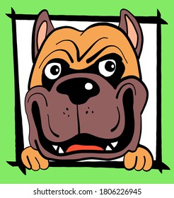 Vector illustration. Sketch. Funny portrait of a dog in a frame on a green background. Print for clothes, avatar, postcards.