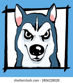 Vector illustration. Sketch. Funny portrait of a dog in a frame on a blue background. Print for clothes, avatar, postcards.