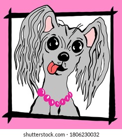Vector illustration. Sketch. Funny portrait of a dog in a frame on a pink background. Print for clothes, avatar, postcards.