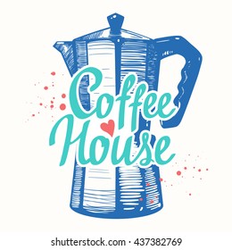 Vector illustration with sketch geyser coffee maker. Coffeehouse. Brush calligraphy elements for your menu design. Handwritten ink lettering. 