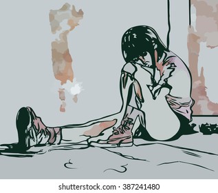 vector illustration sketch of a girl sitting on the floor near the wall head bent in big boots