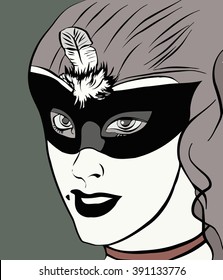 vector illustration sketch of a girl's head with a black carnival mask on eyes