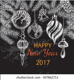 Vector illustration sketch - Greeting card with New year and Christmas.
Christmas-tree decoration