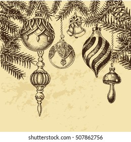Vector illustration sketch - Greeting card with New year and Christmas.
Christmas-tree decoration
