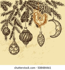 Vector illustration sketch - Greeting card with New year and Christmas.
Christmas-tree decoration