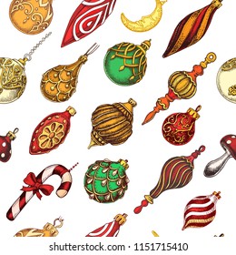 Vector illustration sketch - Greeting cards and holiday design.
Christmas hand drawn Decorations - fur tree. With balls, toys, mistletoe and fir-cone. Vintage pattern