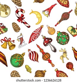 Vector illustration sketch - Greeting cards and holiday design.
Christmas hand drawn Decorations  With balls, toys, mistletoe and fir-cone. Vintage pattern