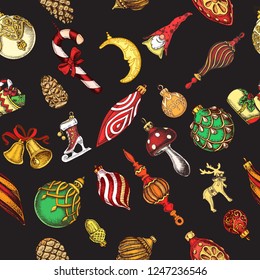 Vector illustration sketch - Greeting cards and holiday design.
Vintage pattern with balls, toys.
