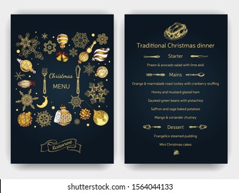 Vector illustration sketch - Greeting cards and holiday design. Vintage Xmas Menu. Christmas holiday invitation. Ornament with snowflakes.