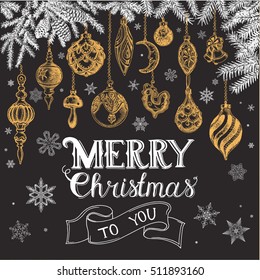 Vector illustration sketch - Greeting cards and holiday design.
Christmas hand drawn Decorations - fur tree for xmas design. With balls, toys, mistletoe and fir-cone. Vintage Xmas invitation.