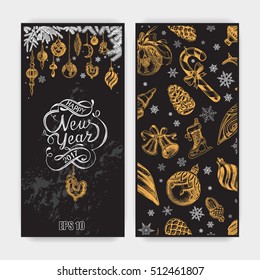 Vector illustration sketch - Greeting cards and holiday design.
Christmas hand drawn Decorations - fur tree for xmas design. With balls, toys, mistletoe and fir-cone. Vintage Xmas invitation.