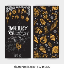 Vector illustration sketch - Greeting cards and holiday design.
Christmas hand drawn Decorations - fur tree for xmas design. With balls, toys, mistletoe and fir-cone. Vintage Xmas invitation.
