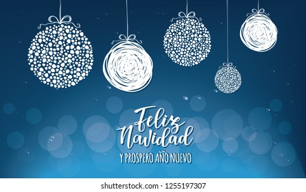 Vector illustration of a sketch greeting holiday card and a circle frame decoration. 'Feliz Navidad y Prospero Ano Nuevo' Spanish Merry Christmas and Happy New Year.