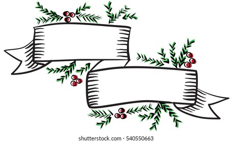 Vector illustration of a sketch greeting ribbon with fir branches