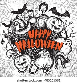 Vector illustration of sketch Halloween characters with witch hat, cauldron, bat, pumpkin, spider, house, web, moon and handwritten lettering Happy Halloween for party invitation, poster, card