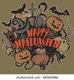 Vector illustration of sketch Halloween characters with witch hat, cauldron, bat, pumpkin, spider, house, web, moon and handwritten lettering Happy Halloween for party invitation, poster, card.