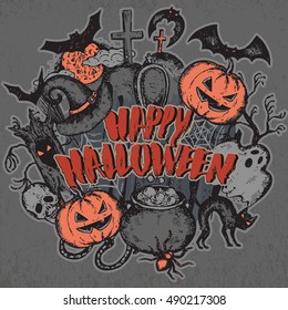 Vector illustration of sketch Halloween characters with witch hat, cauldron, bat, pumpkin, spider, house, web, moon and handwritten lettering Happy Halloween for party invitation, poster, card