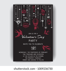 Vector illustration sketch hand drawn invitation card fof Valentine's day. Romantic, love, hearts, sweets, flowers, gifts.