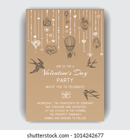 Vector illustration sketch hand drawn invitation card fof Valentine's day. Romantic, love, hearts, sweets, flowers, gifts.