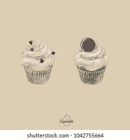 Vector illustration sketch. Hand drawn Cupcakes with vintage style. Included cream and chocolate cookie flavor.