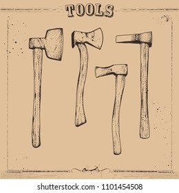 Vector illustration sketch. Hand drawn tools with vintage style. Included different size axes.