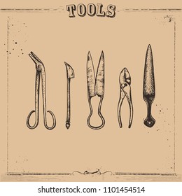 Vector illustration sketch. Hand drawn tools with vintage style. Included scissor, plier, file, knife