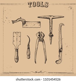 Vector illustration sketch. Hand drawn tools with vintage style. Included vise, handsaw and blade.