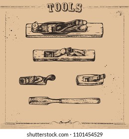 Vector illustration sketch. Hand drawn tools with vintage style. Included different size plane and file.