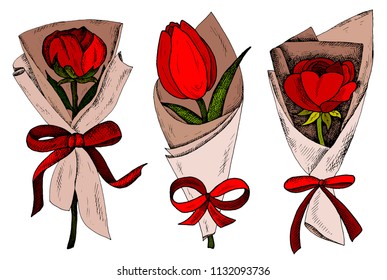 Vector illustration of sketch hand drawn set of bouquet with colorful red peony, tulip and rose flowers. Vintage and retro floral background. Romantic design.