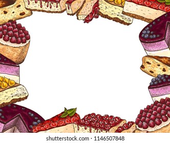 Vector illustration of sketch hand drawn poster with cake, cheesecake, pie, dessert, cookie, berries, blueberry, strawberry, raspberry. Sweet, bakery, shop, confectionery, vintage background.